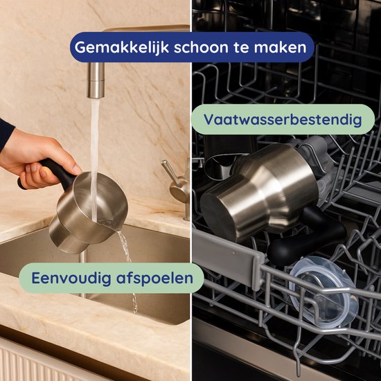 Collage: Links de kan worden afgespoeld onder een kraan, rechts de kan in een vaatwasser.