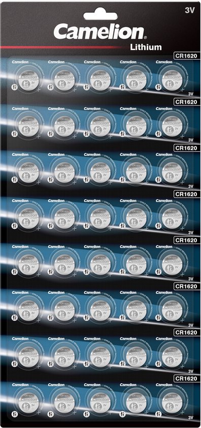 Camelion Lithium CR1620 3V batterijen, 20 stuks verpakt in kindveilige blisterverpakking.