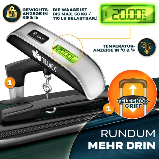 tillvex® reiskofferset 4-delig + bagageweegschaal, 8X kofferriemen & 4X kofferhangers | kofferset 4 wielen | trolley bagage koffer TSA-slot | set koffer met harde schaal S-M-L-XL, legergroen