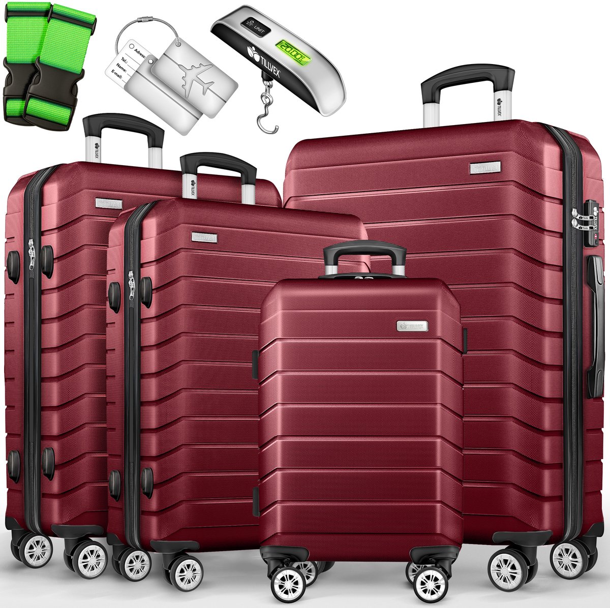 tillvex® reiskofferset 4-delig + bagageweegschaal, 8X kofferriemen & 4X kofferhangers | kofferset 4 wielen | trolley bagage koffer TSA-slot | set koffer met harde schaal S-M-L-XL, legergroen