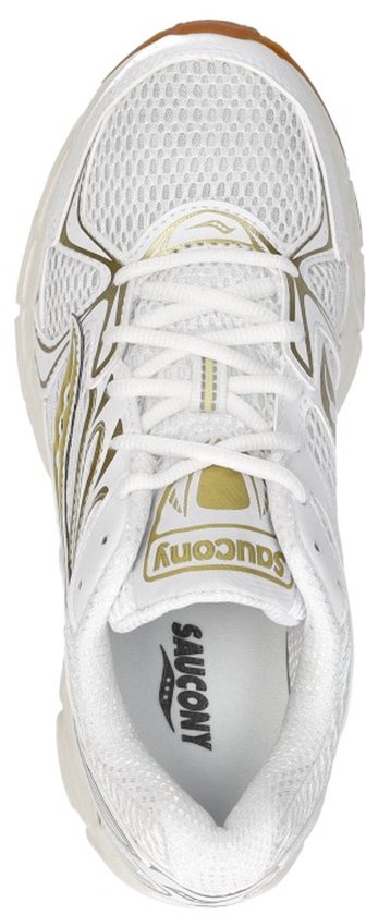 Witte Saucony sneaker met gouden logo, van bovenaf gezien.