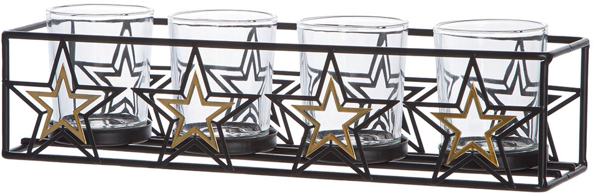 waxinelichthouder sterren in de avond - zwart goud- metaal en glas -7.5 x 28.5 x 7 cm