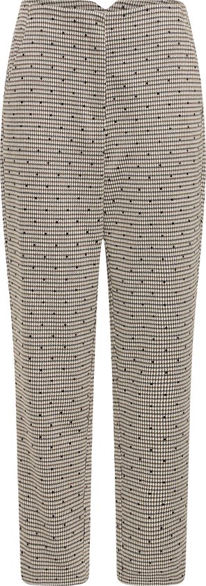 Voorkant van een broek met houndstoothruitjes en kleine zwarte stippen.