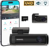 Smartphone toont Nordväl dashcam app met opname-informatie naast de dashcam zelf en een losse achtercamera. "UHD", "Wi-Fi", "GPS" logo's.