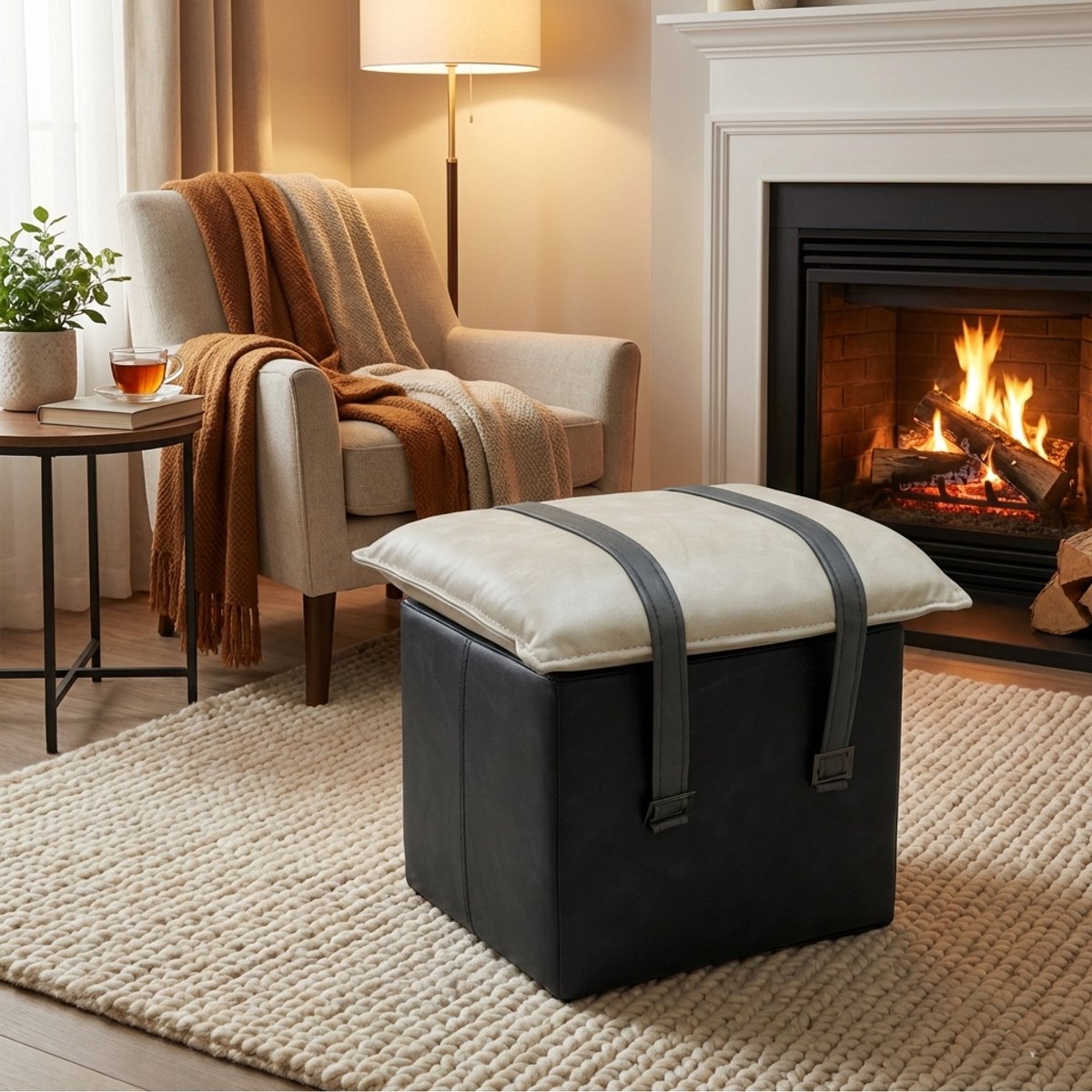 De Groen Home Vintage Explorer Stoere Poef - 50x40x30 cm - Donkerbruin & Beige - Comfortabele Zitzak stoel
