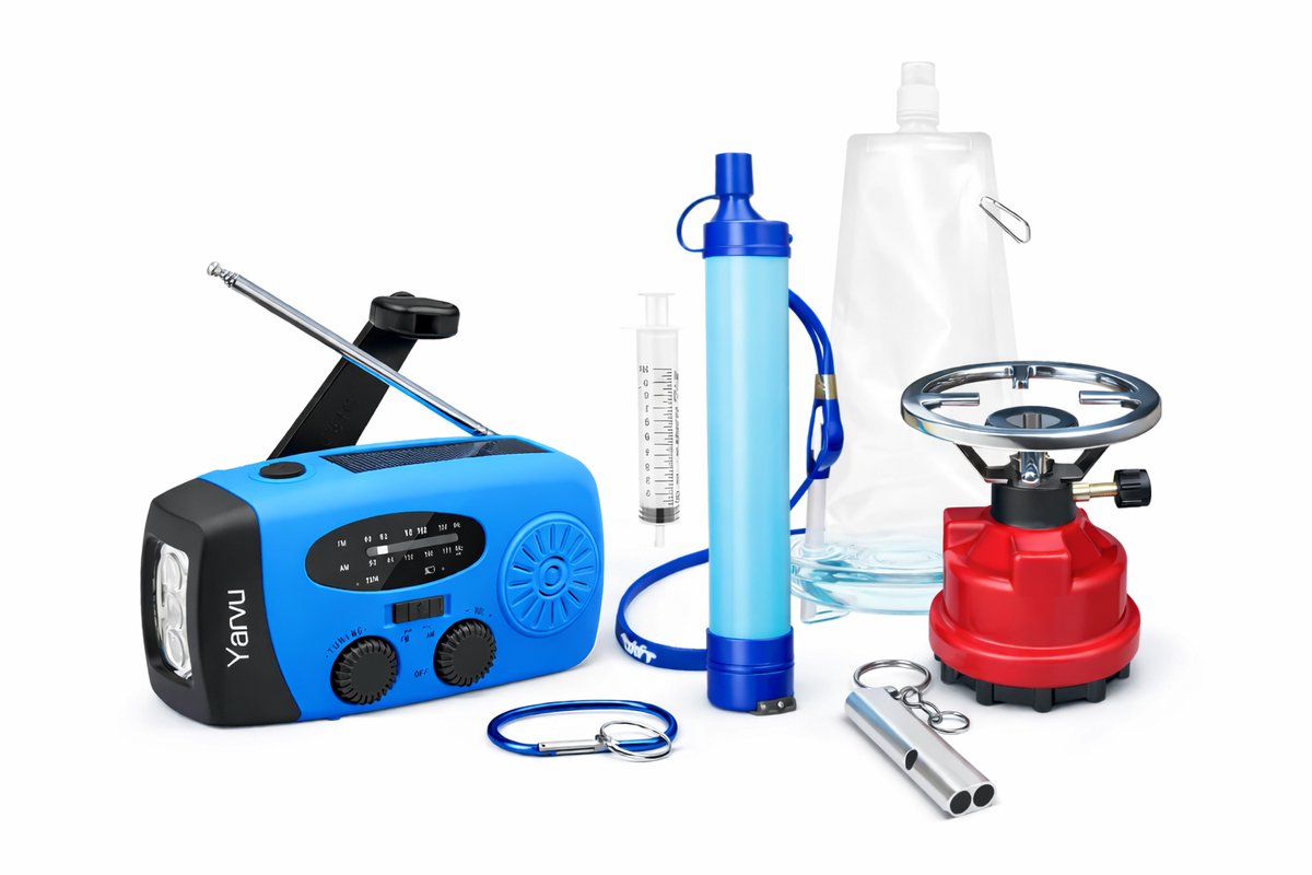 Yarvu ® Noodpakket - 6 in 1 Noodradio + 1 Pits Gaskoker + Waterfilterset + Noodfluit - Nood Pakket - Nood Radio - Blauw