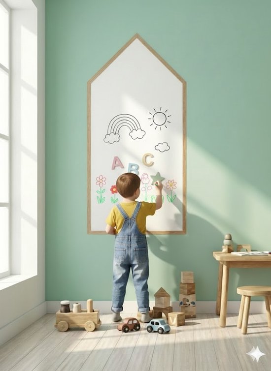 Garçon en salopette dessine un arc-en-ciel et un soleil sur un tableau blanc en forme de maison.