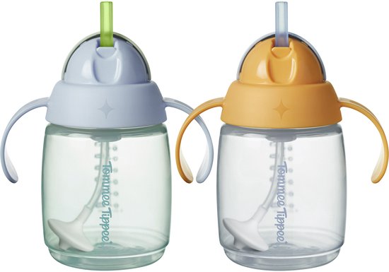 Tommee Tippee rietjesbeker - 2 stuks - 240 ml - met handgrepen en verzwaard siliconen rietje - voor peuters van 6m+ maanden - blauw en oranje