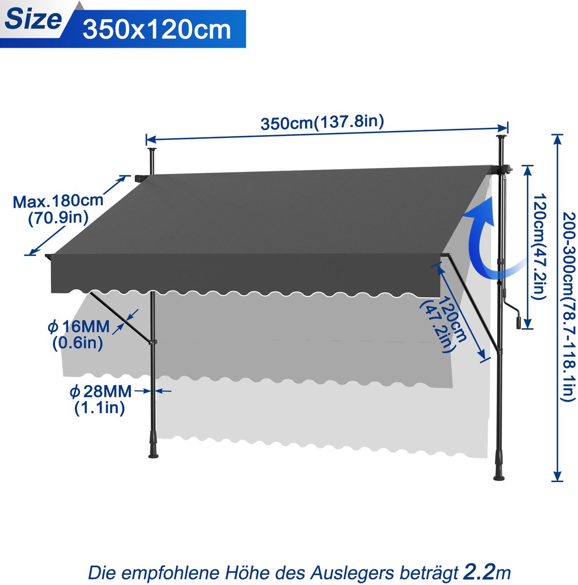 Froadp Klemzonwering Zonwering Balkon Balkonzonwering met handslinger Intrekbaar Handmatig Vouwarm UV-bestendig zonder boren Terrasoverkapping 100% polyester 350x120cm Donkergrijs