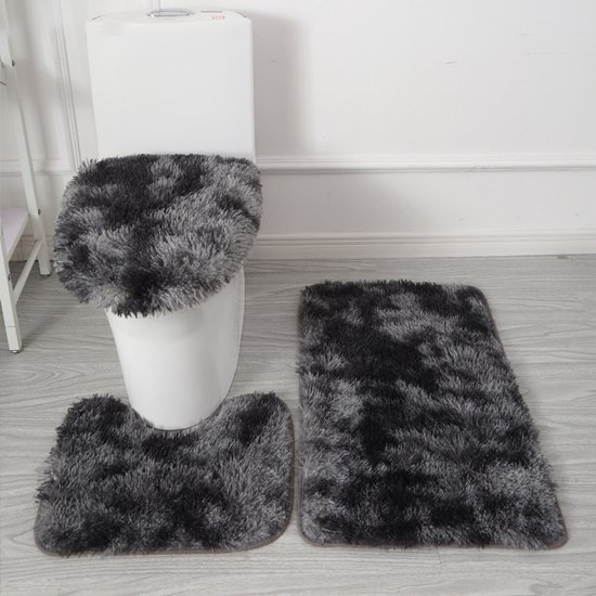 Badmatten Set 3-Delig - Ultrazacht Microfiber & Antislip - Inclusief U-Mat En Wc-Brilhoes - Wasmachinebestendig - zwart + grijs