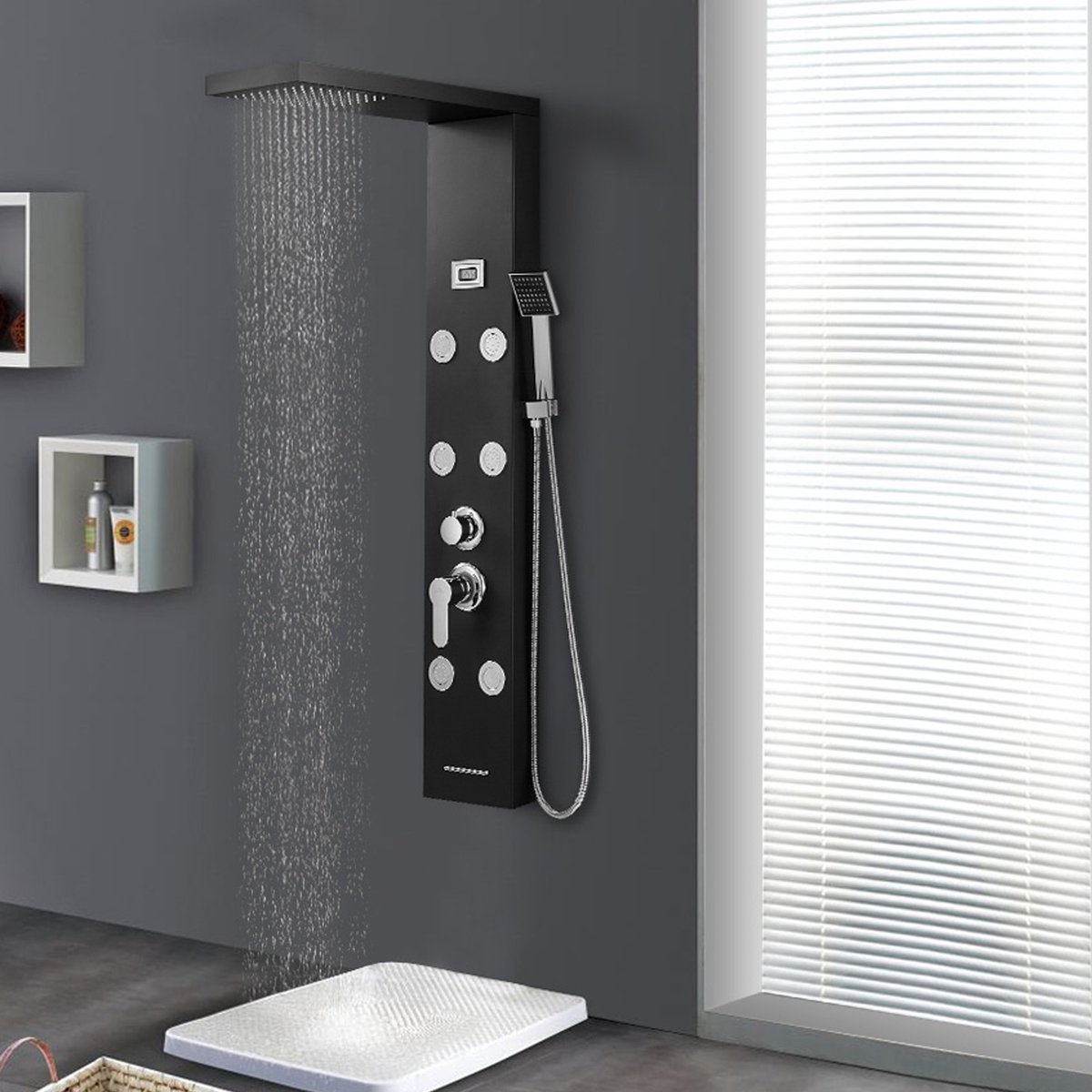 Auralum® Douchepaneel met Massage - Regendouche - met 7 Jets Stralen - Douchekolom - Digitaal Display - Waterval Douche - RVS - Douche Combinatie Set - Waterbesparend - Zwart