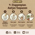Econema 4-stappenplan voor het toepassen van aaltjes: mengen, roeren, in gieter gieten, water geven. 100% natuurlijk, veilig, eenvoudig.