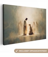 Canvas schilderij 120x80 cm - Exclusieve wanddecoratie Knielen - Beige - Abstract - Jezus - Muurdecoratie woonkamer - Slaapkamer decoratie - Kamer accessoires - Schilderijen op canvas