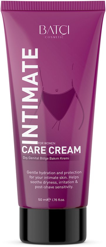 Tube violet INTIMATE CARE CREAM de Batci avec logo, texte et image de la zone intime.
