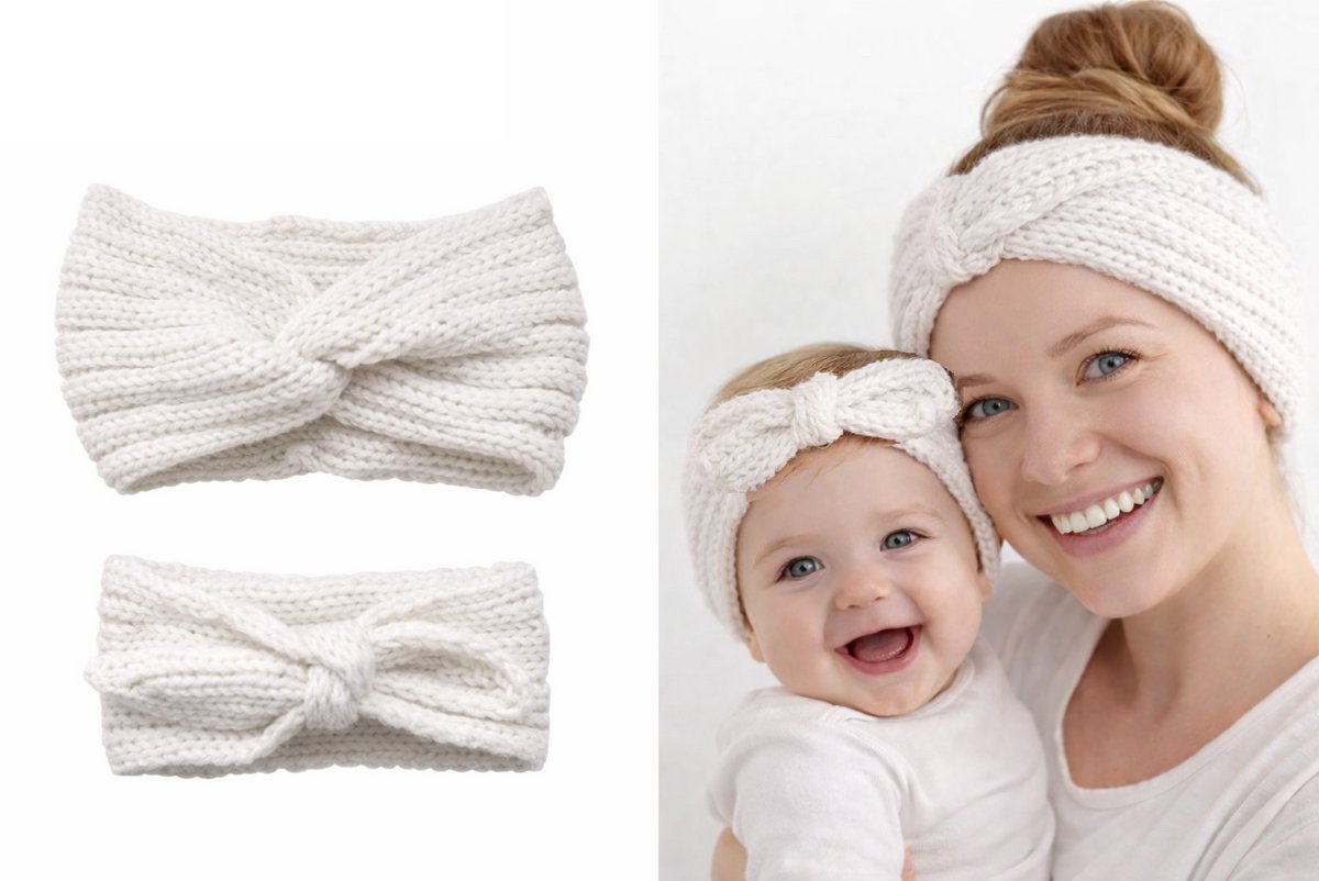 Matching Moeder & Dochter Winter Haarbanden/Oorwarmers – Crème Wit, Gebreid (3-18 mnd)