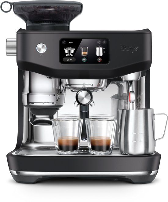 Zwarte Sage Oracle Jet Black Truffle espressomachine met ingebouwde molen en touchscreen.