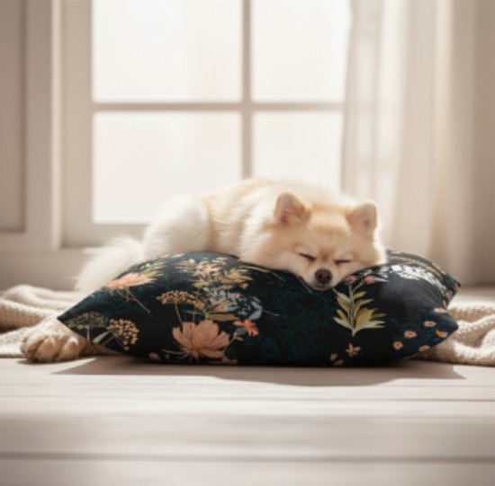 Een kleine, lichtbruine hond slaapt op een zwart kussen met bloemenprint, bij een raam.