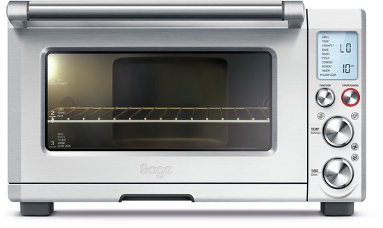 Roestvrijstalen oven met een digitaal display waarop 'LO' en '10 HRS' staat. Er zijn drie instelbare niveaus in de oven.