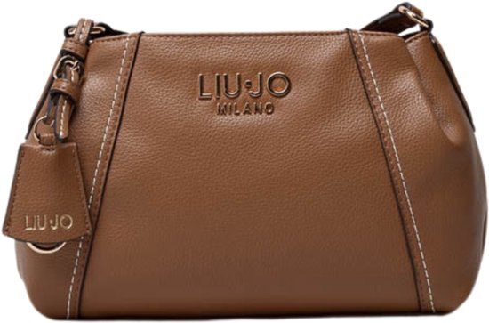 Sac à main en cuir marron Liu Jo avec logo doré et surpiqûres blanches.