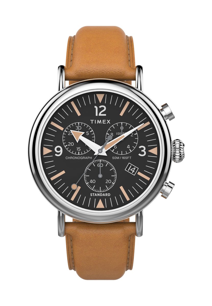 Timex Waterbury Standard Chronograph Quartz Analoog Horloge Bruin Behuizing Gemaakt Van 100% Low Lead Brass En Een Armband 100% Leer 20 mm TW2W84500AJ