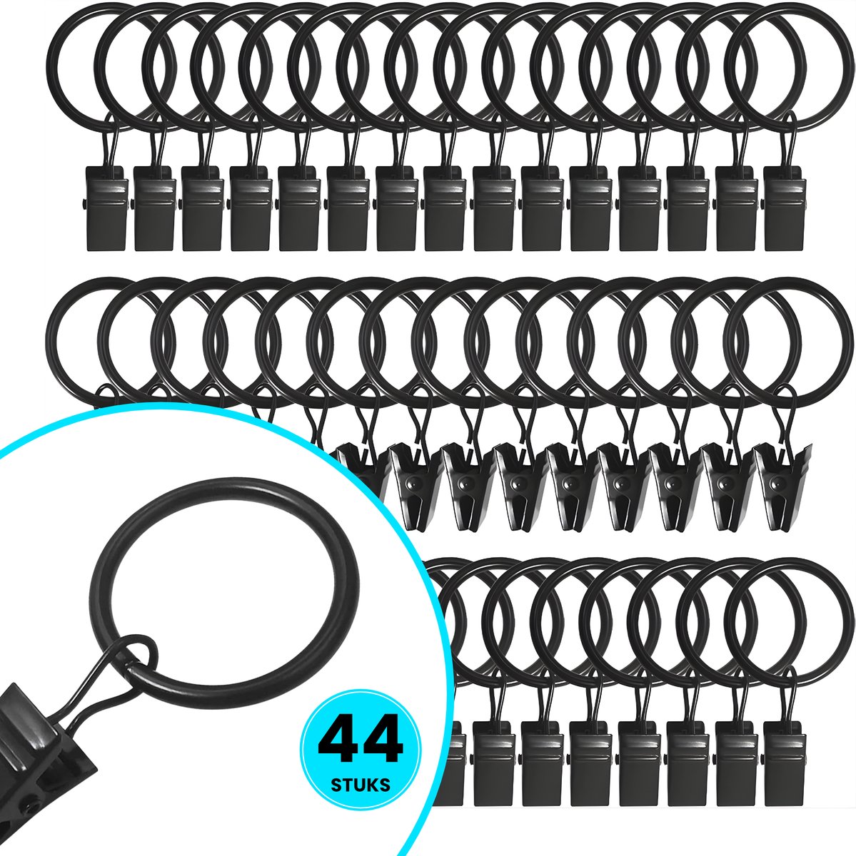 Somstyle 44x Gordijnringen met Clip - 24 mm Ringen - Gordijnhaken voor Gordijnroede - Zwart
