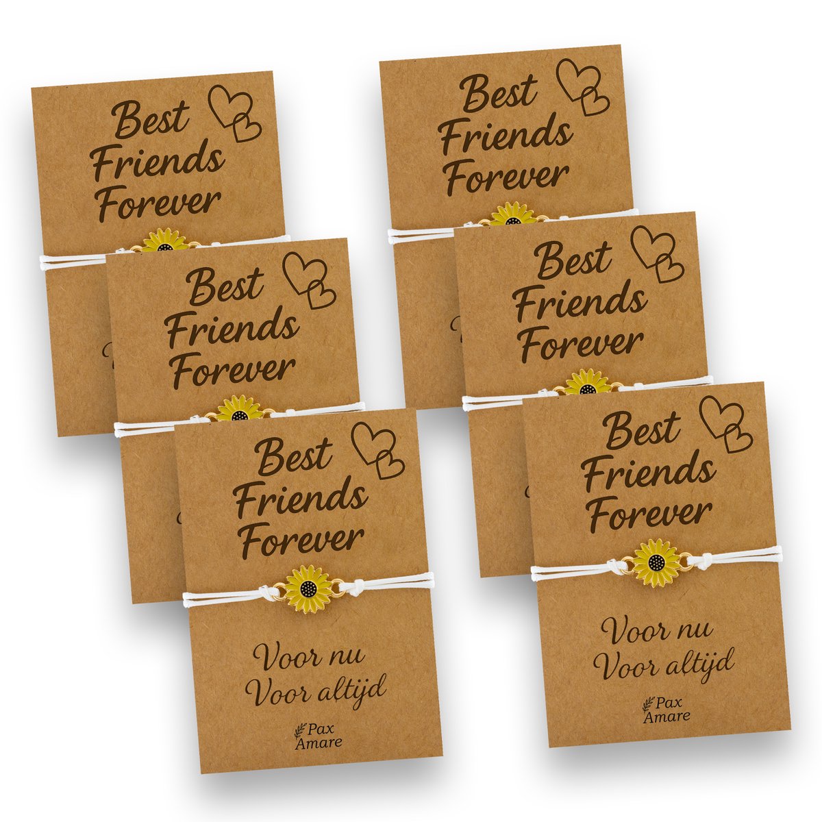 Vriendschapsarmbandjes voor 6 "Best Friends Forever" - Zonnebloem - BFF Armbandjes met Persoonlijk Cadeau Kaartje - Wit met Bloem Hanger - Op Zes Kaartjes- Pax Amare