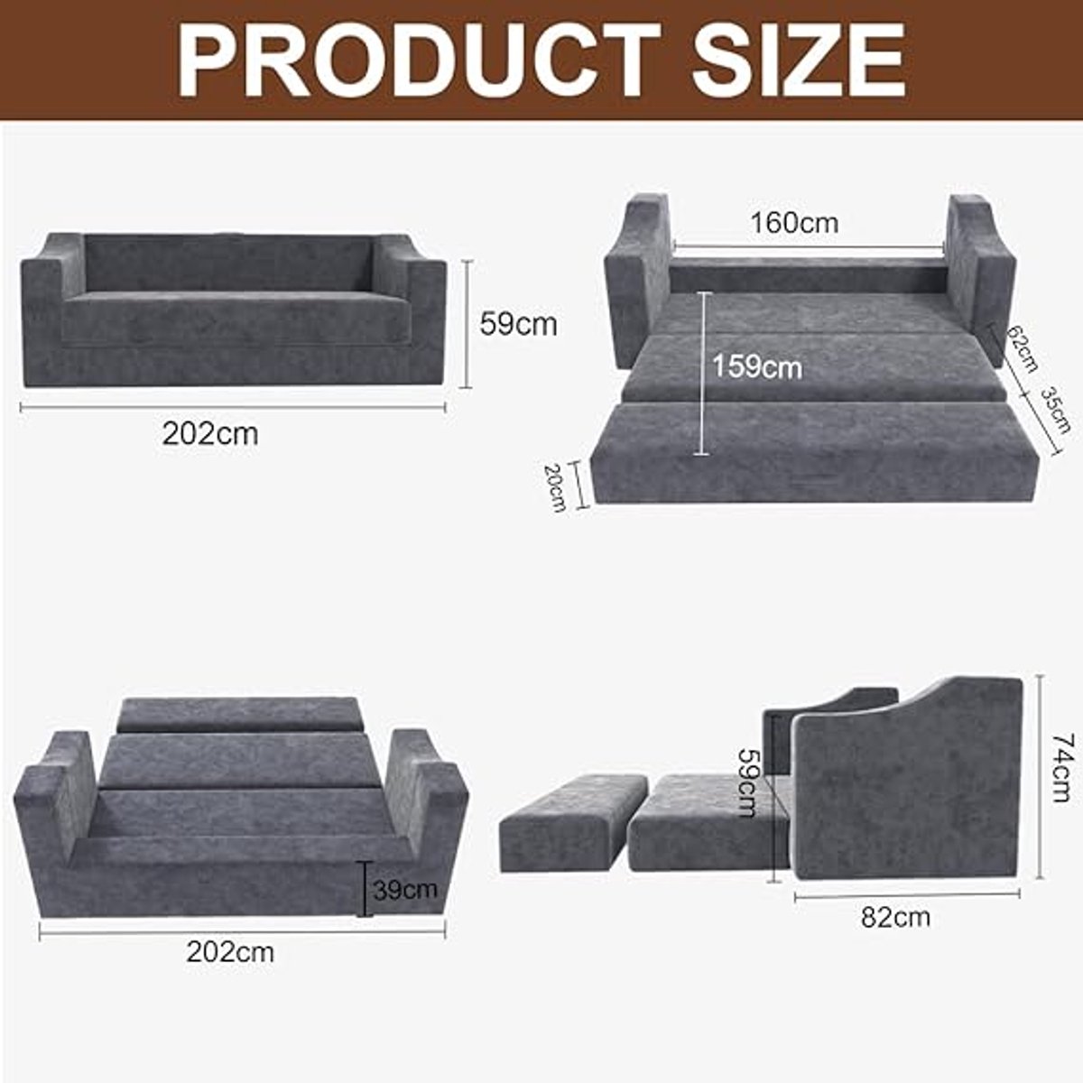 Schlafsessel mit Bettfunktion 159x202 cm – Modulares Schlafsofa & Klappsofa aus Cord, Bodensofa mit Klappmatratze für Wohnzimmer & kleine Wohnungen – Grau – Pauwhome