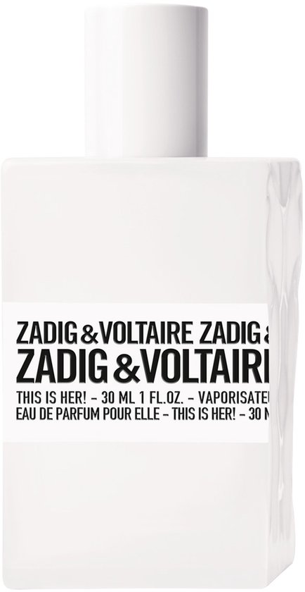 Flacon de parfum blanc rectangulaire avec étiquette 'ZADIG & VOLTAIRE THIS IS HER!'