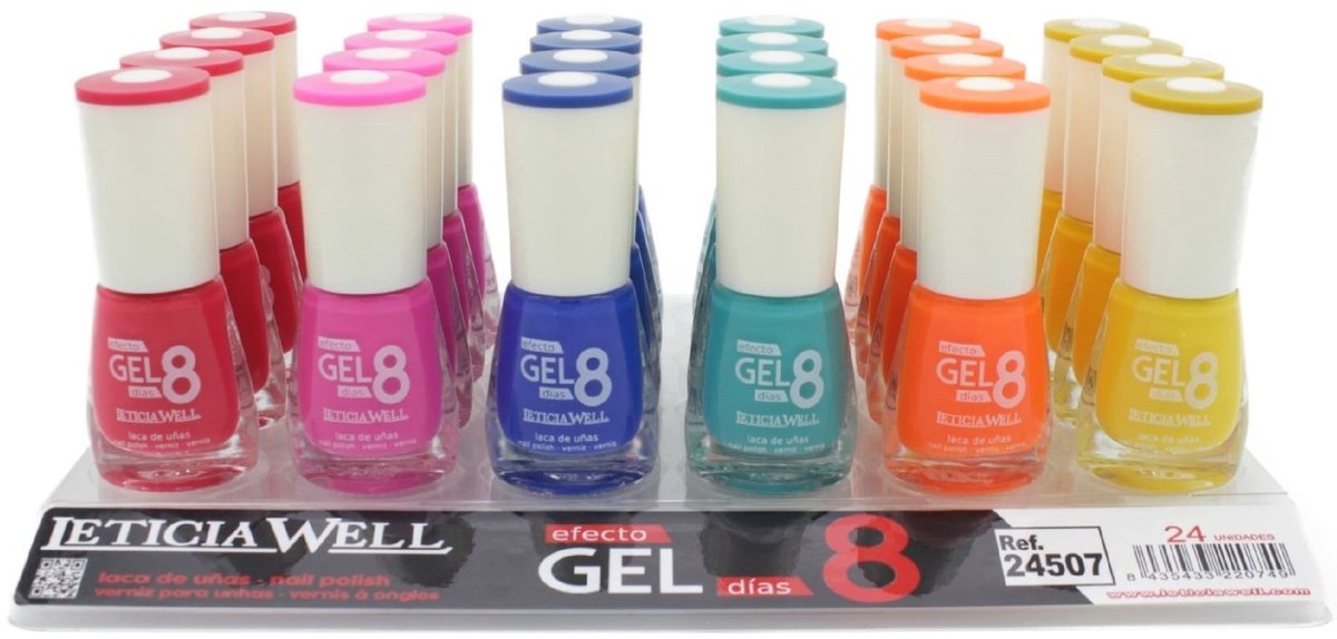 Leticia Well - Set met 6 Flesjes Nagellak - Helder - Fris - Rood - Roze - Blauw - Groen - Oranje - Geel - Inhoud per flesje 8 ml.