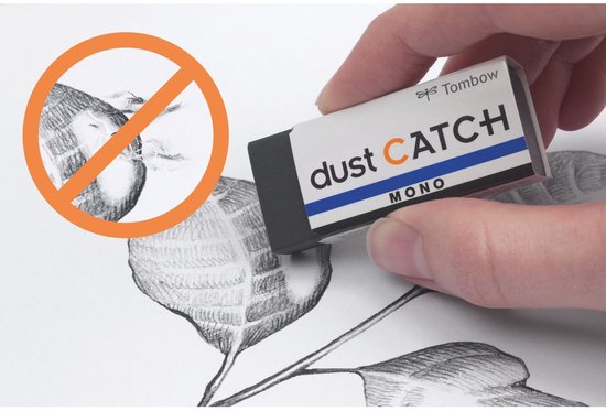 Tombow stofvanger gum, wit met oranje en blauwe tekst 'dust CATCH MONO', in hand.