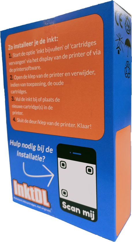 Doos met instructies om inkt bij te vullen of cartridges te vervangen. Met QR code "Scan mij".
