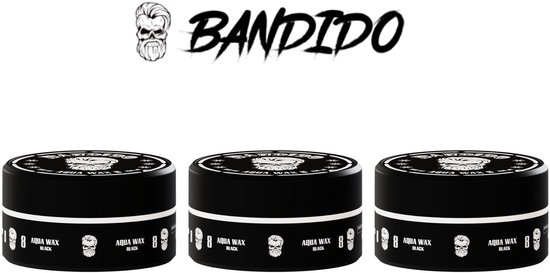 Drie zwarte potjes "BANDIDO AQUA WAX BLACK" met logo en zijkanttekst.