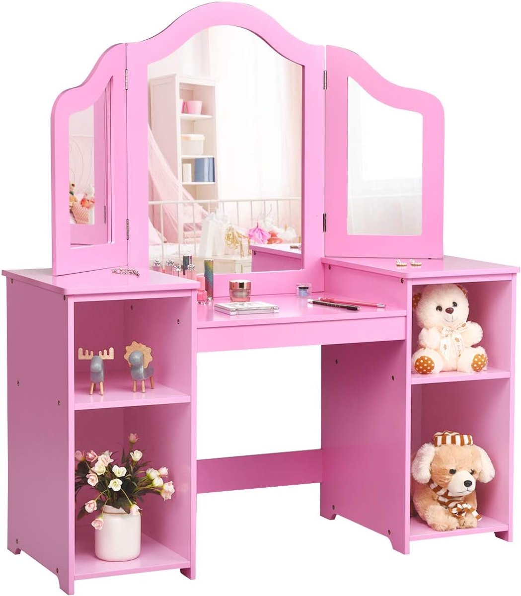 KOMFOTTEU Kaptafel voor kinderen, prinsessen-kaptafel met afneembare spiegel, houten make-uptafel, 3 jaar en ouder
