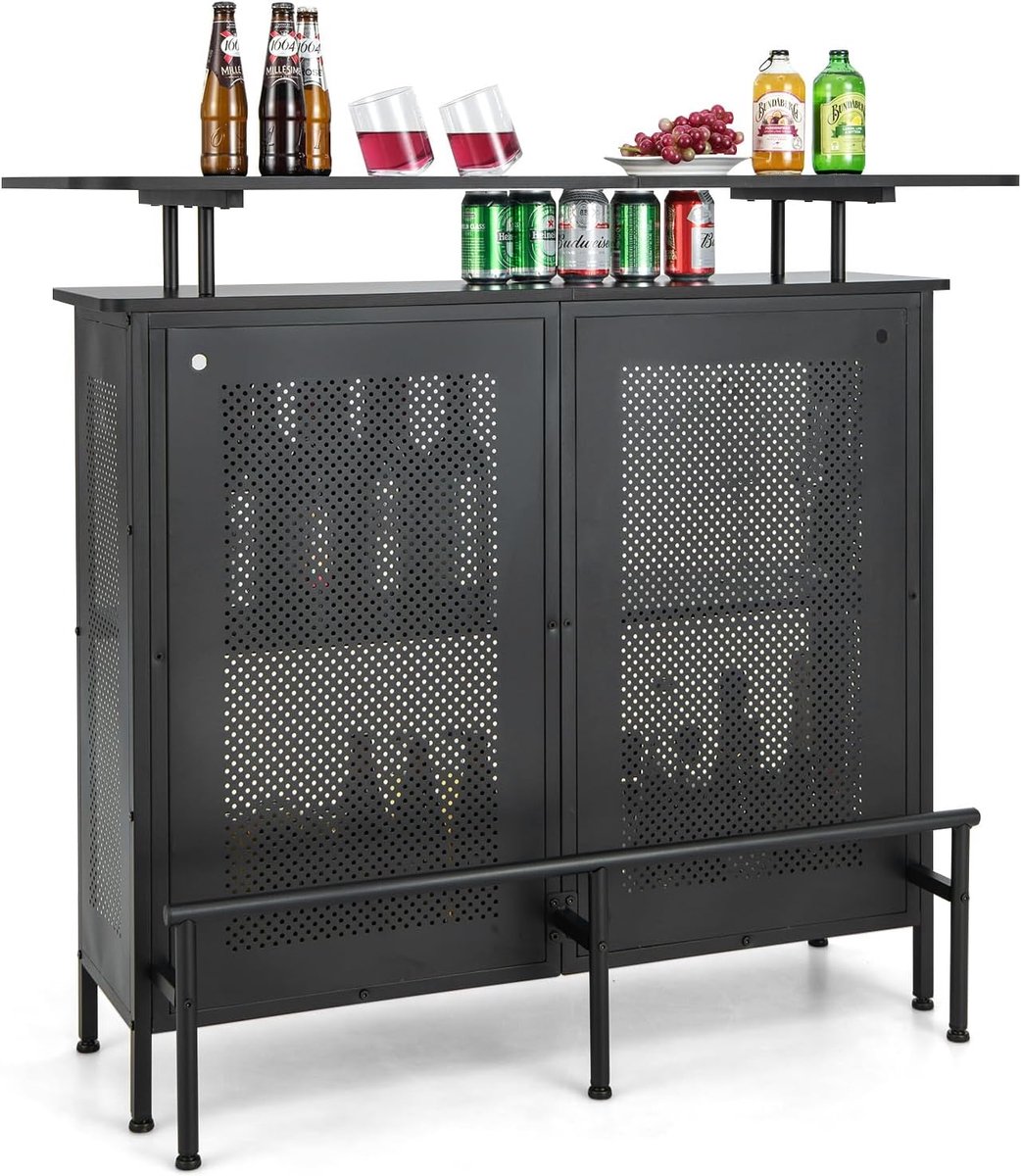 KOMFOTTEU Bartafel met 2 vakken en voetensteun, eettafel 120 x 50 x 106,5 cm, aanrecht met grote opbergruimte en verstelbare voetensteun, huisbar bartafel, zwart