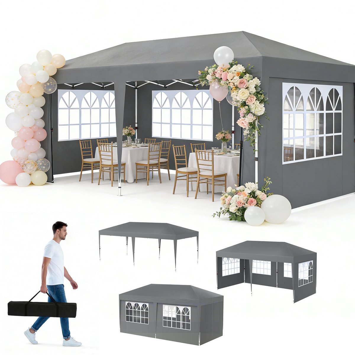 Froadp Grijs 3x6m Opvouwbare Paviljoen Waterdicht Stabil – Opvouwbare Feesttent met 6 Zijwanden & Anti-UV Bescherming, Tuinpaviljoen voor Bruiloften, Vrije Tijd & Tuinfeest