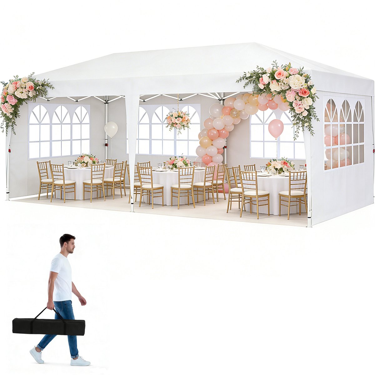 Froadp Wit 3x6m Opvouwbare Paviljoen Waterdicht Stabil – Opvouwbare Feesttent met 6 Zijwanden & Anti-UV Bescherming, Tuinpaviljoen voor Bruiloften, Vrije Tijd & Tuinfeest