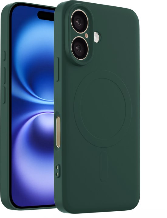 Coque en silicone vert foncé pour iPhone avec anneau magnétique au dos.