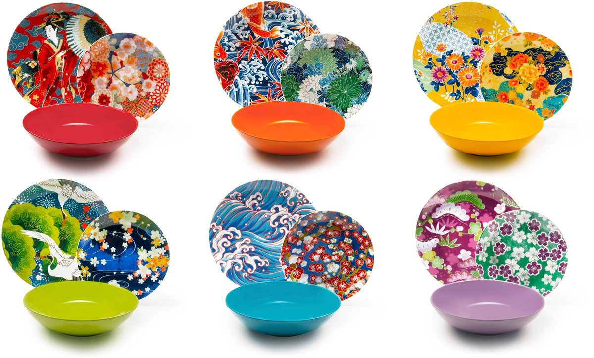 Excelsa 18-delige Kimono Serviesset – Veelkleurig Porselein & Steengoed - Dinerbord - Ontbijtbord - Kom