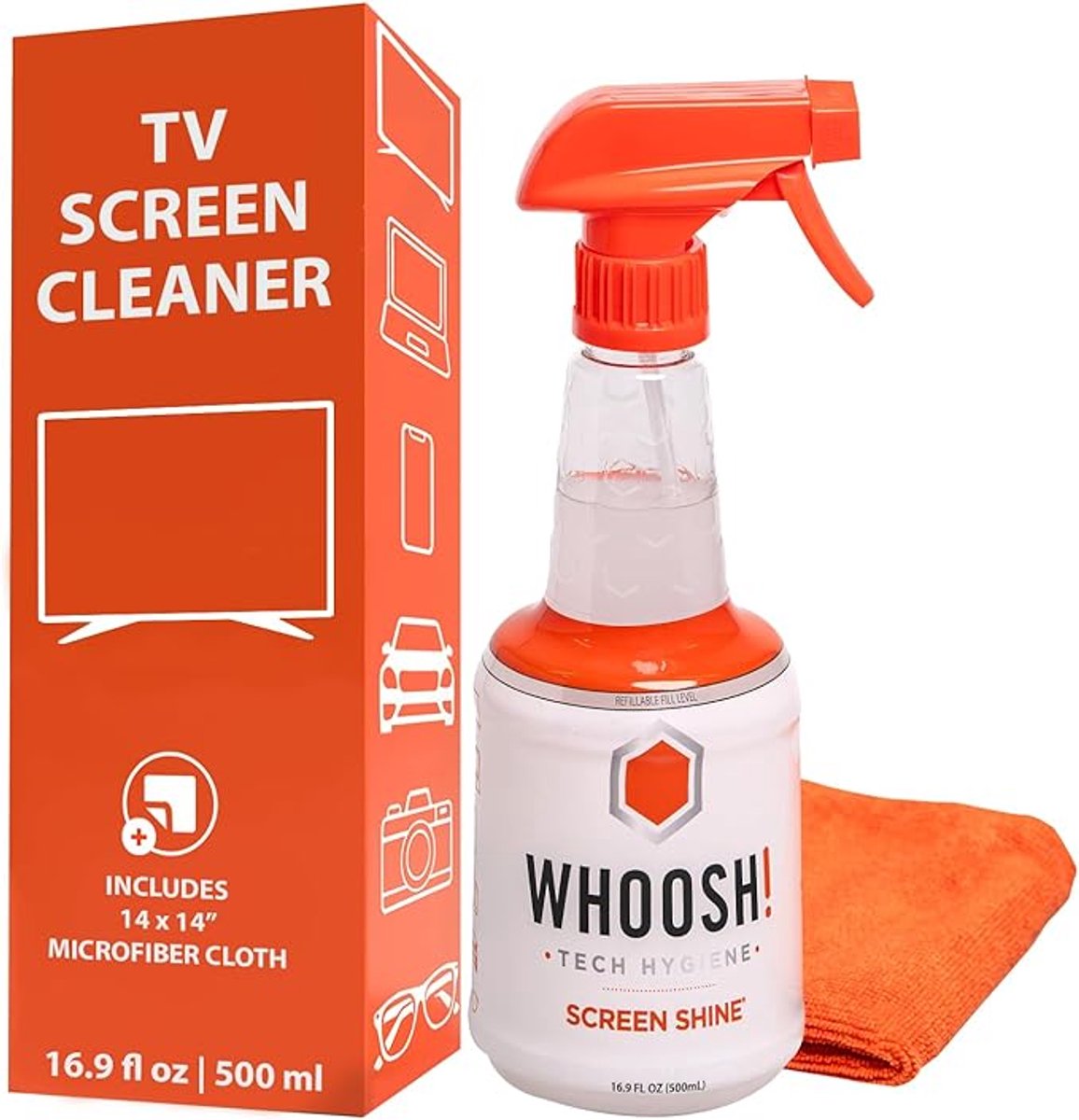 WHOOSH! Screen Shine V2 – TV- & Schermreiniger – Kristalhelder & Veilig voor Alle Schermen – Hervulbare 500 ml Fles – Inclusief Anti-bacteriële Microvezeldoek