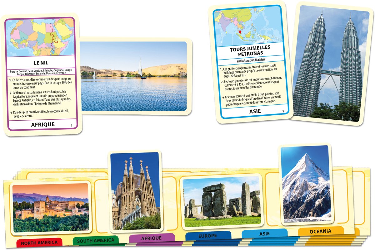 Tactic Wonderen van de Wereld – Educatief spel – Leer de wereldwonderen – 195 Kaarten – 6 Speelborden met werelddelen — afbeelding 7