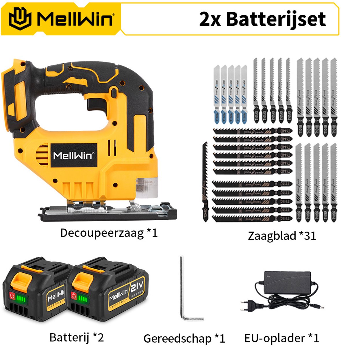 MellWin Accu Decoupeerzaag - 21V Elektrische Decoupeerzaag - Incl. 2x Accu & 31x zaagbladen - verstekzaaghoek ± 45° - Snelspansysteem - voor hout, metaal, kunststof, multiplex – foto 2