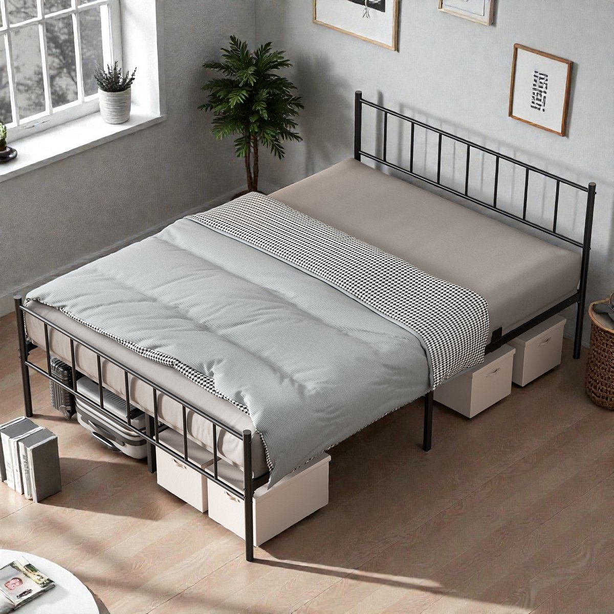 Lonheo® Bedframe - Metalen Bed - Tweepersoonsbed 140x200 cm - met Hoofdbord en Lattenbodem - 32 cm Grote Opbergruimte - Heavy Duty - Stevig - Roestvrij - Gemakkelijk te Monteren - Draagkracht 600 kg - Zwart