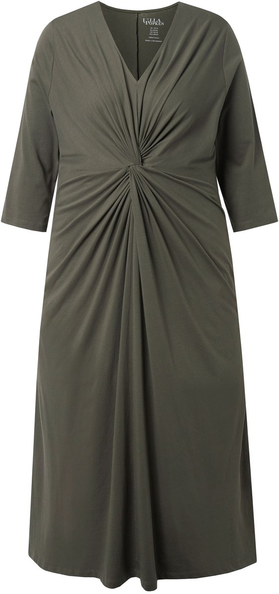 Ulla Popken - Dames - Maxi-jurk gedrapeerd A-lijn V-hals 3/4-mouwen - Olijfgrijs - Maat 66+