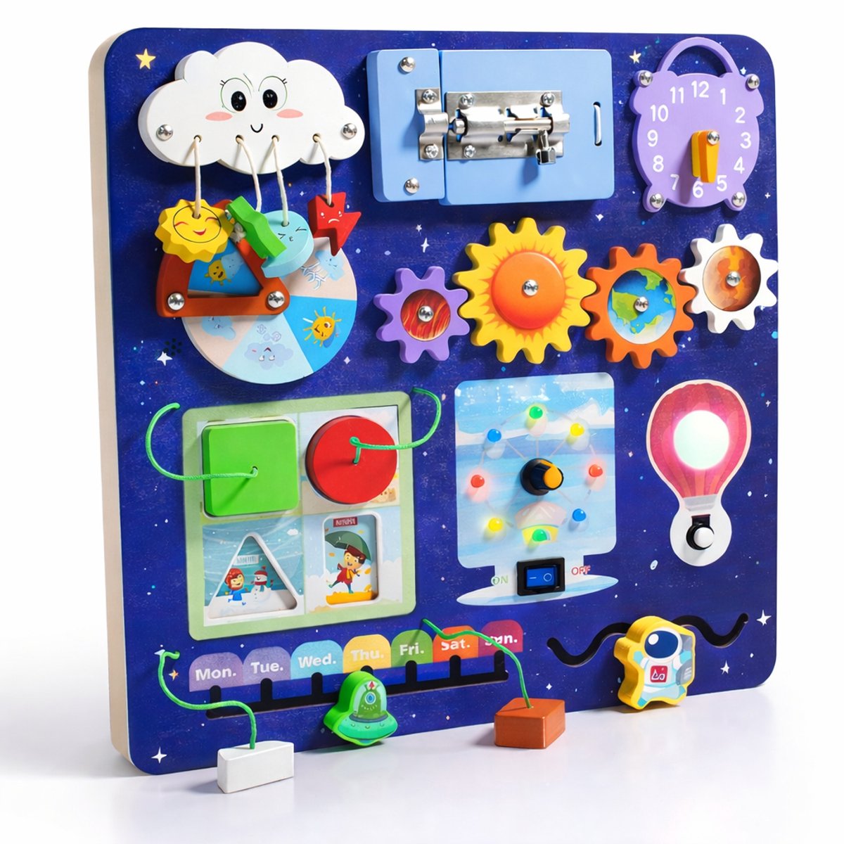 Bolke busy board - montessori speelgoed - activiteitenbord - leerzaam speelgoed - 1 tot 3 jaar - Hout - Ruimte thema met geluid & lichtjes