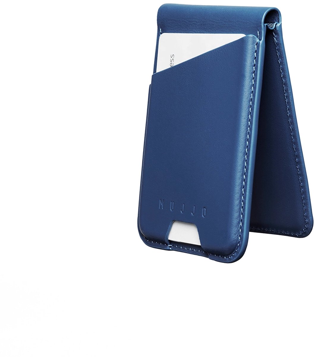 Mujjo Magsafe Lederen Card Portemonnee Stand – Ruimte voor 5 Kaarten – Vouwontwerp voor Telefoonstandaard – Compatibel met MagSafe iPhones - Blauw
