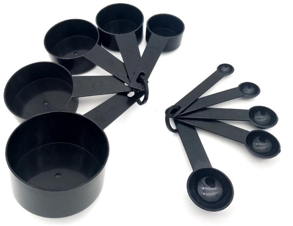 Okado Maatbekers en Maatlepels Set 10-delig – Amerikaanse Cups & Spoons – Duidelijke Maatmarkering – Met Ophangclip – Voor Koken & Bakken – Zwart