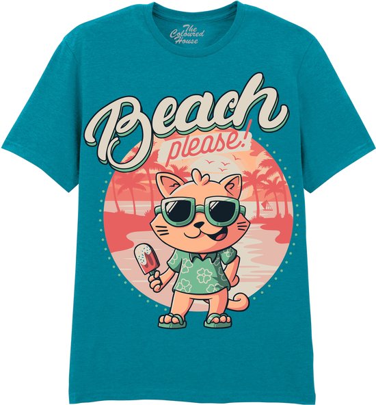 Blauwgroen T-shirt met opdruk 'Beach please!' en een kat met zonnebril en ijsje.