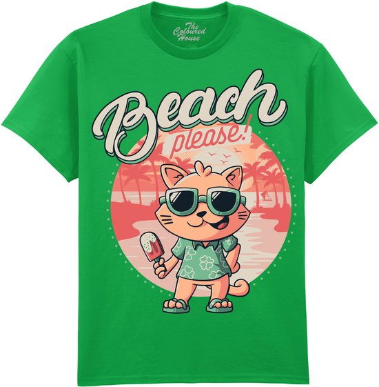 Groen T-shirt met opdruk 'Beach please!' en een kat met zonnebril en ijsje.