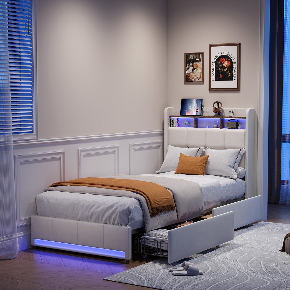 ROSAHQNDA Kinderbed met opbergruimte 90 x 200 cm, LED eenpersoonsbed met USB-aansluiting, lades, bed, zonder matras (verzonden in 2 pakketten) b-lijn, lade