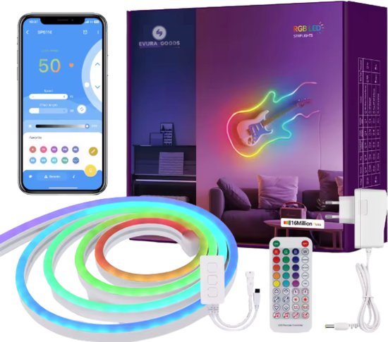 Evura Goods RGBIC neon led-strip in de vorm van een gitaar, met afstandsbediening en smartphone-app.